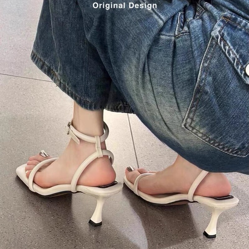 High Appearance Value silver High Heels Women's Stiletto Heel Summer Dress French Style Straight Strap Roman Sandals Women's Poop Feeling