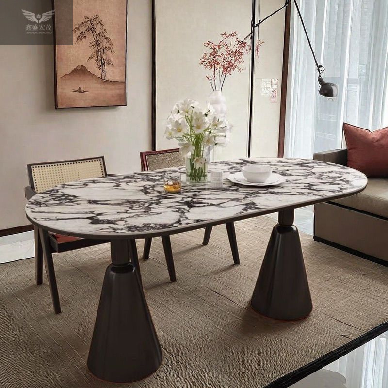 Mesa de comedor del Santo Grial de losa de roca de lujo ligero francés, mesa de comedor y silla para el hogar con crema, restaurante ovalado minimalista moderno, nuevo estilo chino