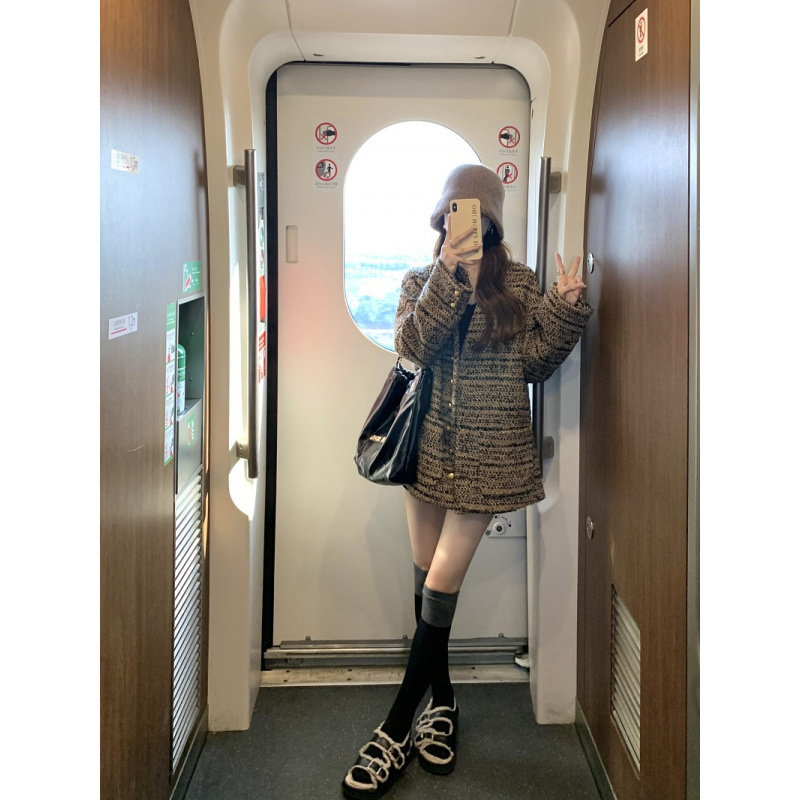 秋季新款复古时尚宽松小众百搭上衣小香风编织V领长袖大码外套女|undefined