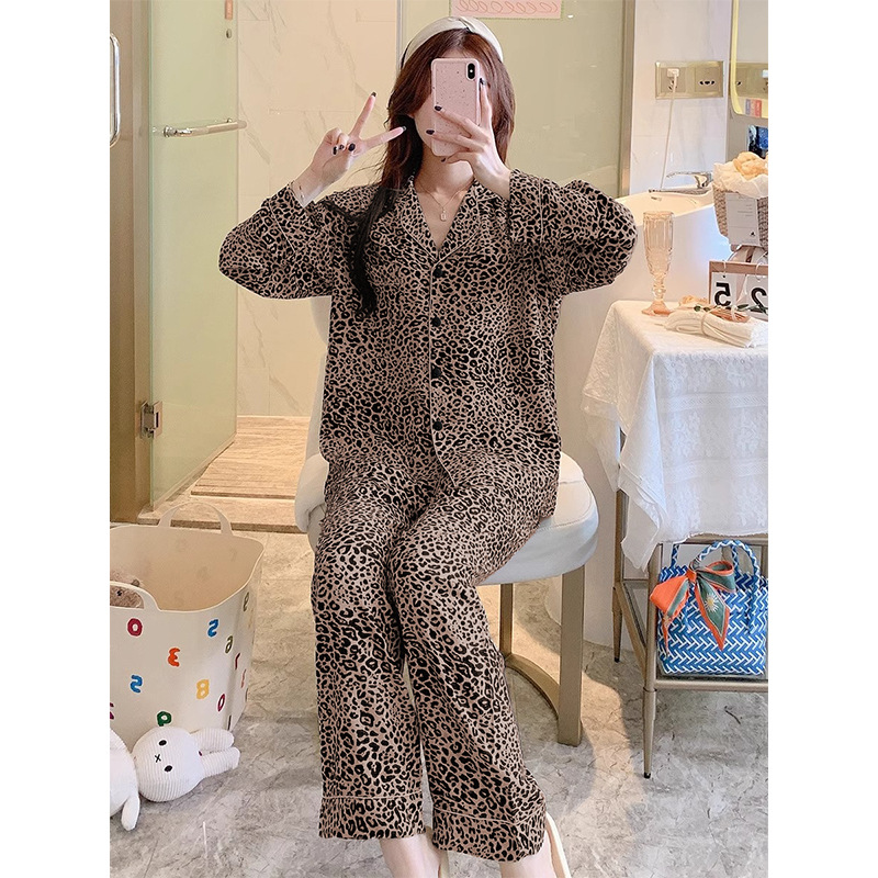 YUANXING 3484 그물 빨간 레오파드 무늬 긴팔 잠옷 여성 카디건 세트 캐주얼 밀크 실크 홈 의류 (공식 사진)