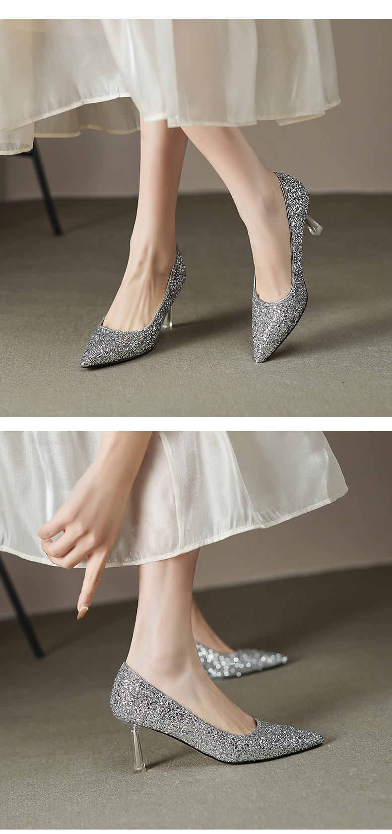 Giày cao gót nữ mũi nhọn đính sequin gót pha lê bạc — Màu bạc chi tiết 6