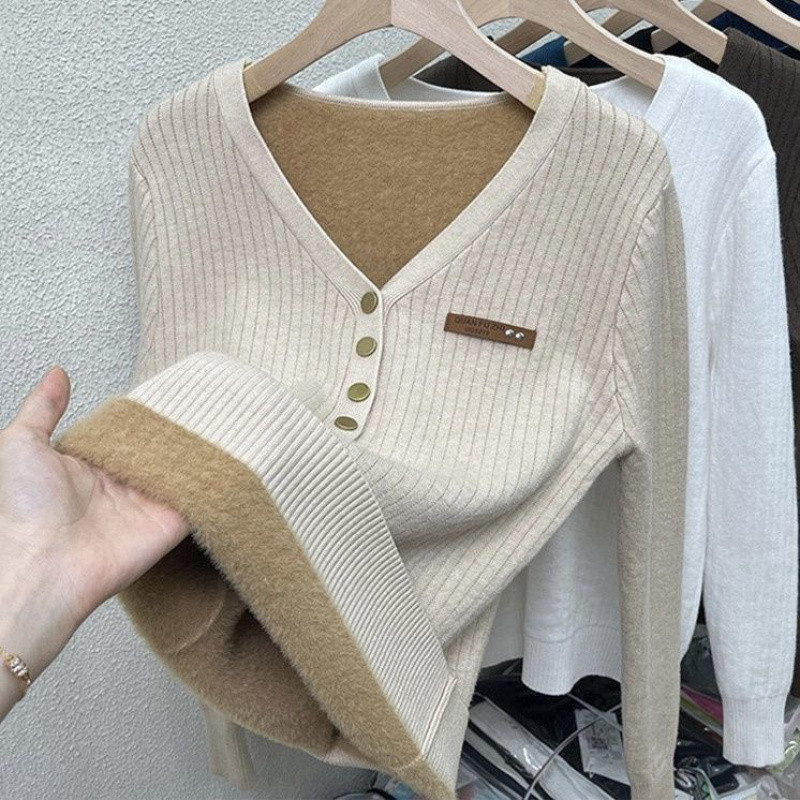두꺼운 원피스 벨벳 한국식 스웨터 올매치 니티드베이스 셔츠 여자 가을 · 겨울 스타일러스 슬림핏 V넥 탑