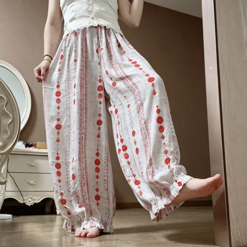 Cotton Silk Women's Summer Thin High-Waisted Loose Printed Casual Pants, Suitable for Wearing Outside or as Loungewear, Cropped Harem Pants Cotton Silk Women's Summer Thin High-Waisted Loose Printed Casual Pants, Suitable for Wearing Outside or as Loungewear, Cropped Harem Pants