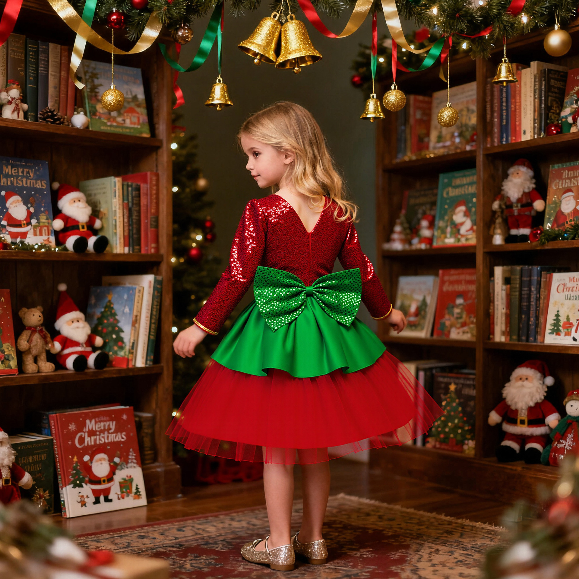Navidad vestido de niña vestido de princesa vestido de arco de manga larga vestido de niños vestido de espectáculo vestido de niños