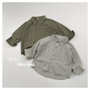 Vintage Fresh Small Lapel Korean Style Children's Plaid Shirt 24 Spring New Style Casual Shirt with Symmetrical Pocket for Boys and Girls