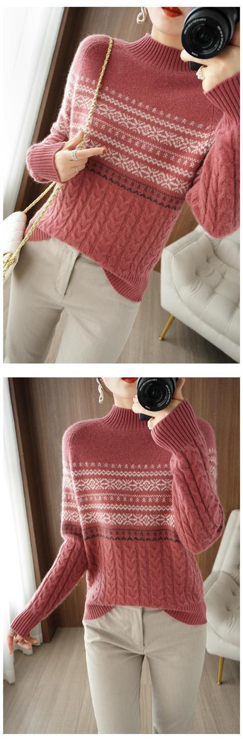 【 Cashmere Family】 Maglione spesso lavorato a maglia da donna, con cappuccio, collo alto e corto, a righe, interno_voghion.com