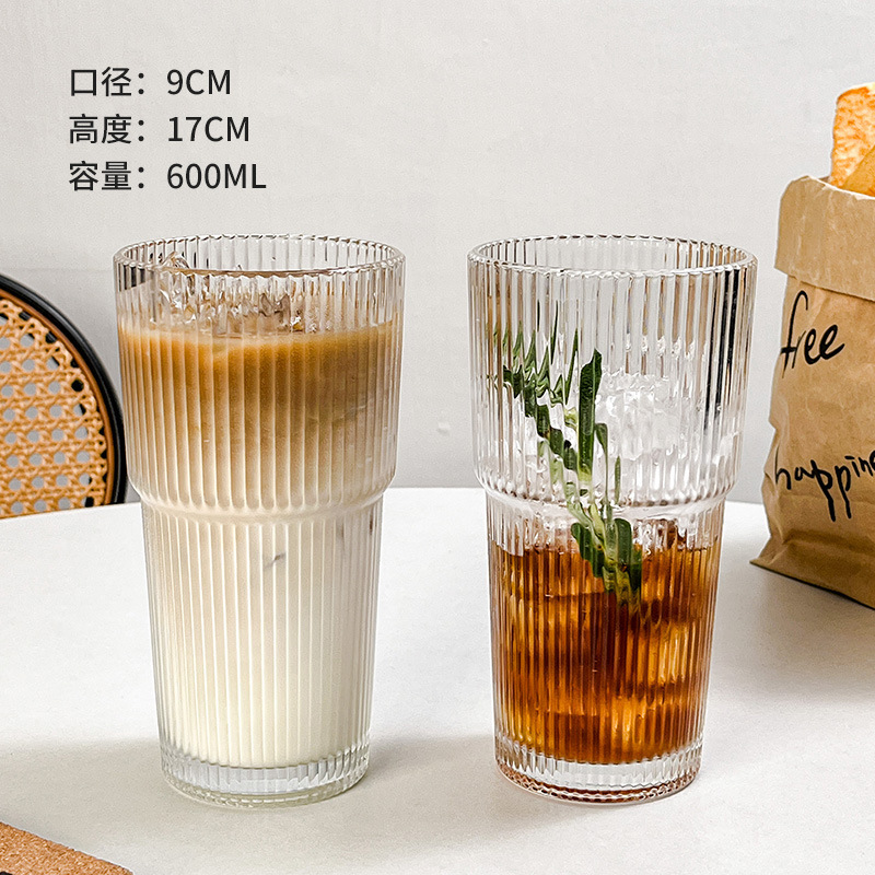 高颜値蓋付きストロー付き縦紋ガラスカップ大容量カップ夏氷コーヒーカップラテ飲料カップ|undefined