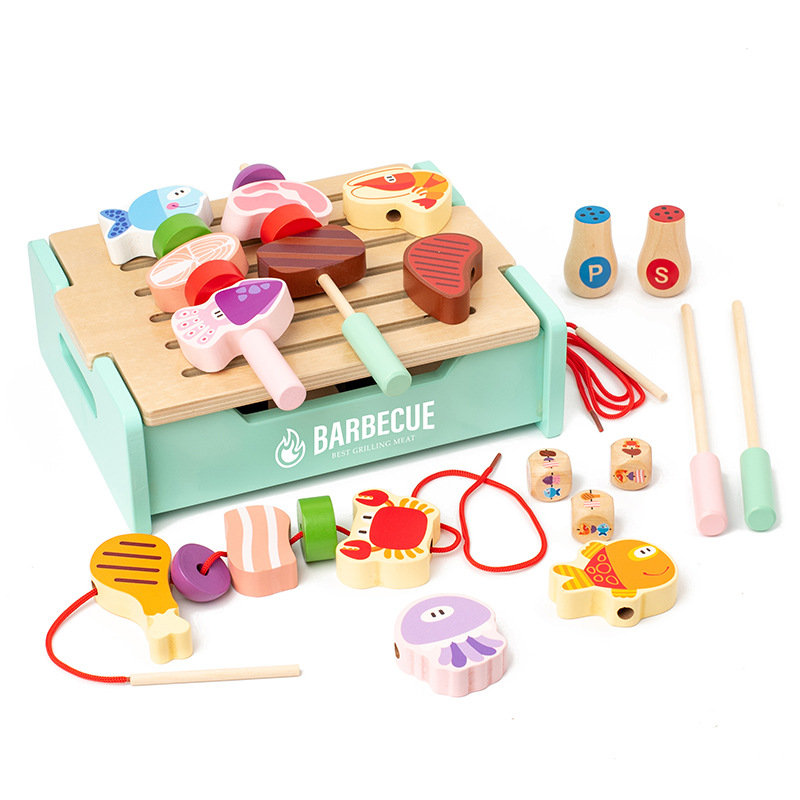 Casa de juegos para niños juguete de simulación de cocina de madera multifuncional con cuentas conjunto de herramientas de barbacoa Niños y niñas de 3 a 6 años de edad 2