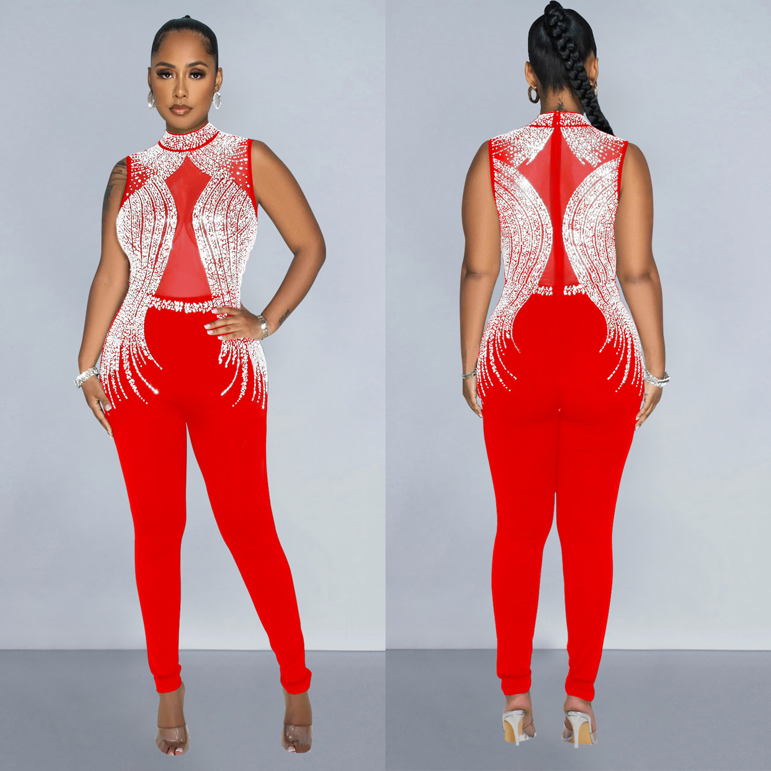 C6931 Aliexpress transfronterizo Amazon Europa y América ropa de moda de mujer de color sólido malla de diamante pantalones sin mangas