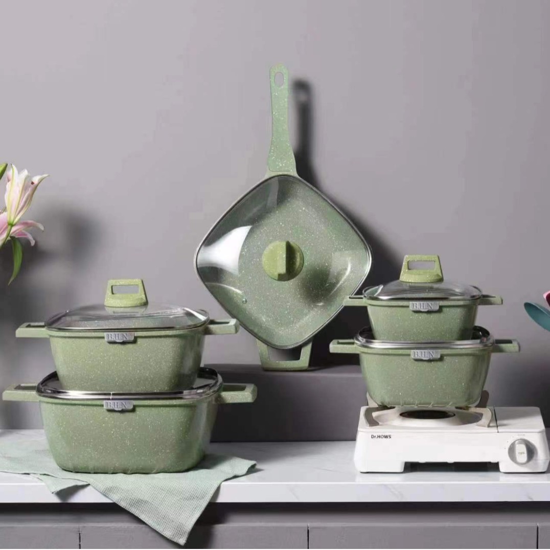 21PCS SET COOKWARE 21-piece SET cuadrado sopa sartén antiadherente traje kit de olla de aluminio maifan piedra olla SET