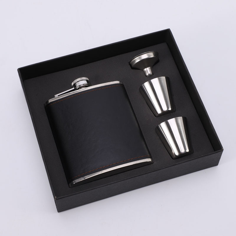 Supply Leather Wrap 7 oz Cross-border Gift Portable Outdoor Camping Stainless Steel Flat Flask Cup Set