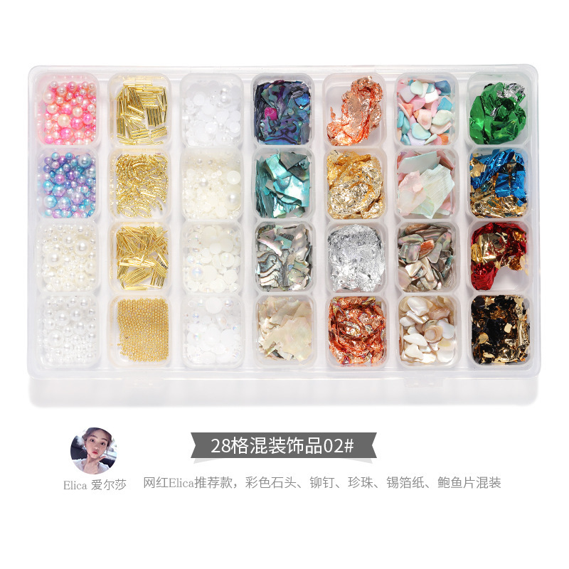 28 joyas de manicura mezcladas, perlas de acero, remaches de estrellas y lunas, conchas de metal, papel de oro y plata, accesorios de uñas, cristal