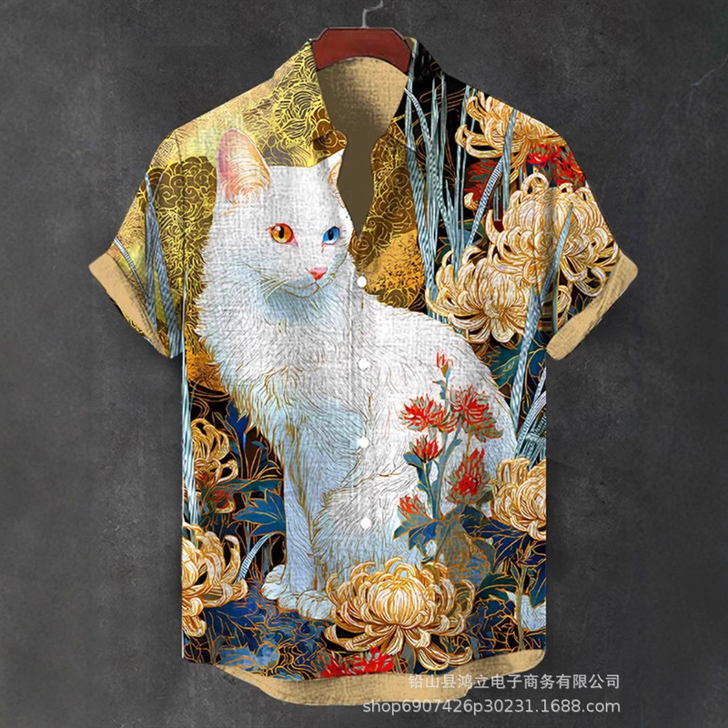 Hawaiian Men's Linen Shirt, Abstract Patchwork Pattern Art Print Shirt for Beach Vacation