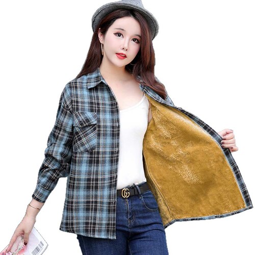 New fashionable casual velvet thick lapel plaid shirt loose slimming temperament all-matching long-sleeved coat top