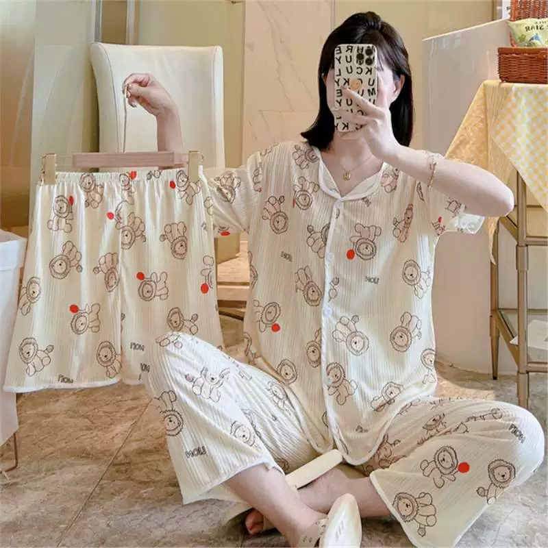 Летний детский комплект пижамы 3‑в‑1, корейский стиль, свободный крой, мультяшные принты, размеры M–L / XL–XXL