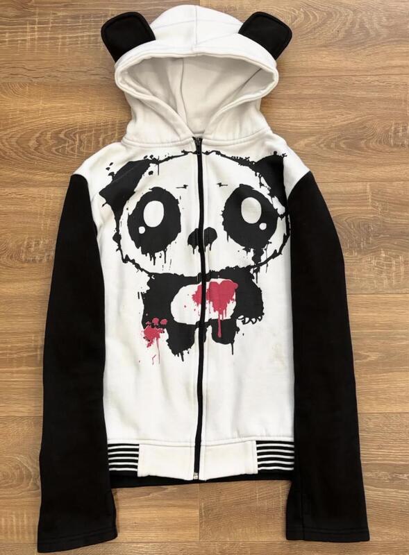 Y2K millennium style black and white color block panda hooded cardigan with bear ears, graffiti, and heart print, trendy sweatshirt jacket Y2K millennium style black and white color block panda hooded cardigan with bear ears, graffiti, and heart print, trendy sweatshirt jacket