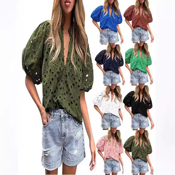 2025 Cross-Border Women's Summer Tops Fashionable Casual Lantern Sleeve V Collar Button Hollow Lace Embroidered Shirt