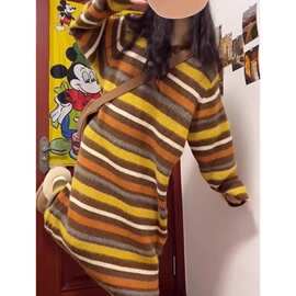 撞色条纹卫衣连帽连衣裙女秋冬韩系直筒宽松长款毛衣裙针织衫上衣