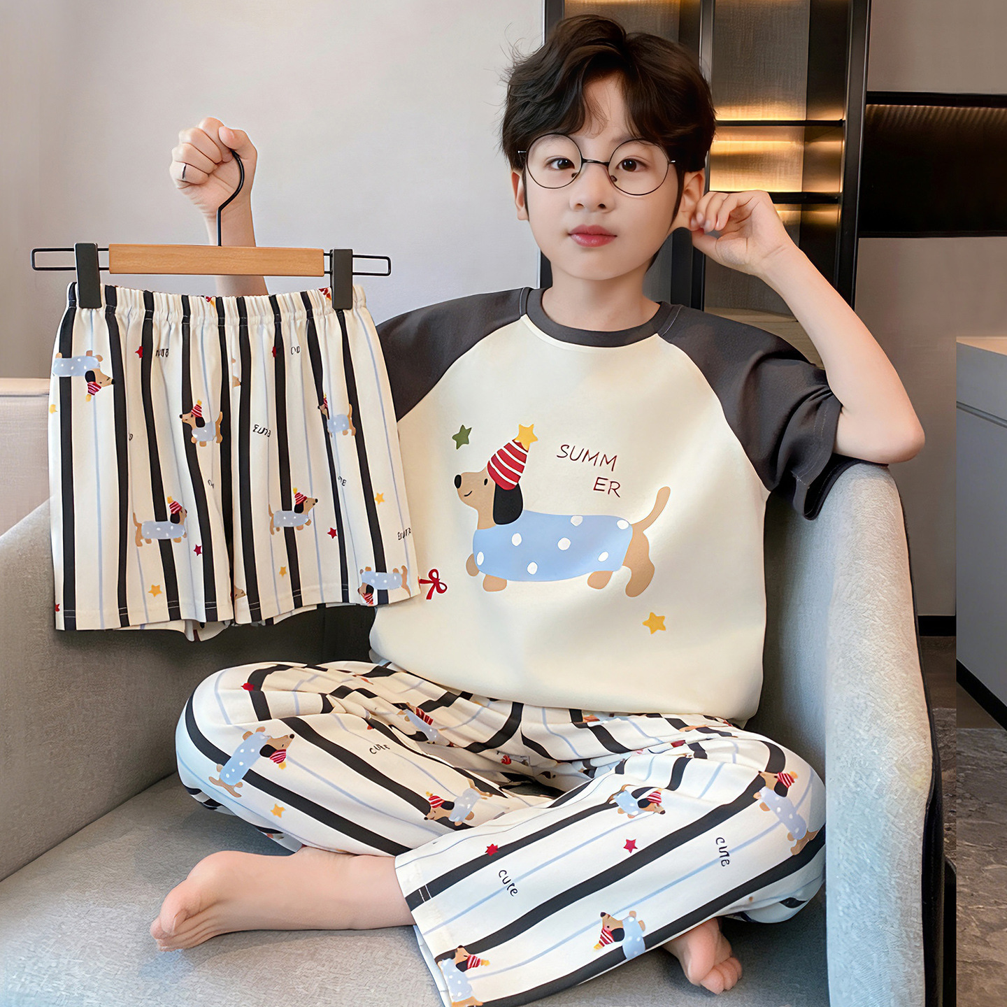 2026 nuevo pijama de verano de algodón delgado de manga corta de tres piezas de ropa de hogar para niños niños de verano