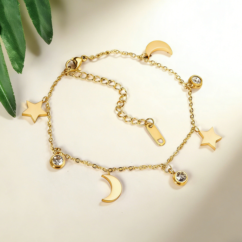 European and American Cross-Border Jewelry Star and Moon Pendant Bracelet Fashionable Elegant Hand Jewelry Stainless Steel Plated 14K Gold Bracelet for Women