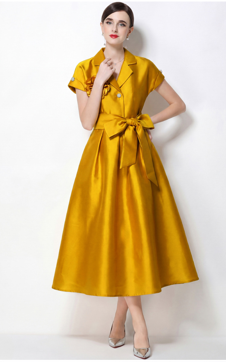 Đầm maxi nữ hoa nổi tay ngắn cổ vest thắt eo jacquard xòe — màu đen, Rượu vang đỏ, xanh lam, màu hồng đậm chi tiết 29