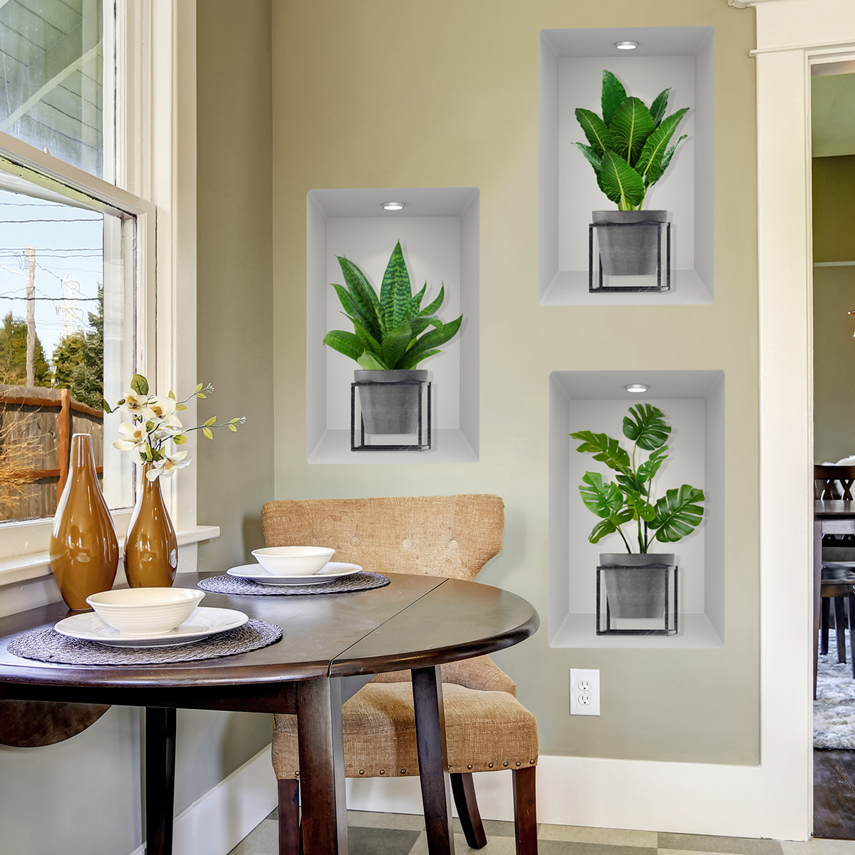 ATW2018 Adesivo de Parede Tríptico 3D com Moldura de Vaso de Plantas para Sala de Estar, Quarto, Entrada, Escada e Casa_voghion.com