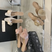 2025新款尖头显瘦平底跟花朵外穿拖鞋休闲百搭凉拖鞋女包头半拖