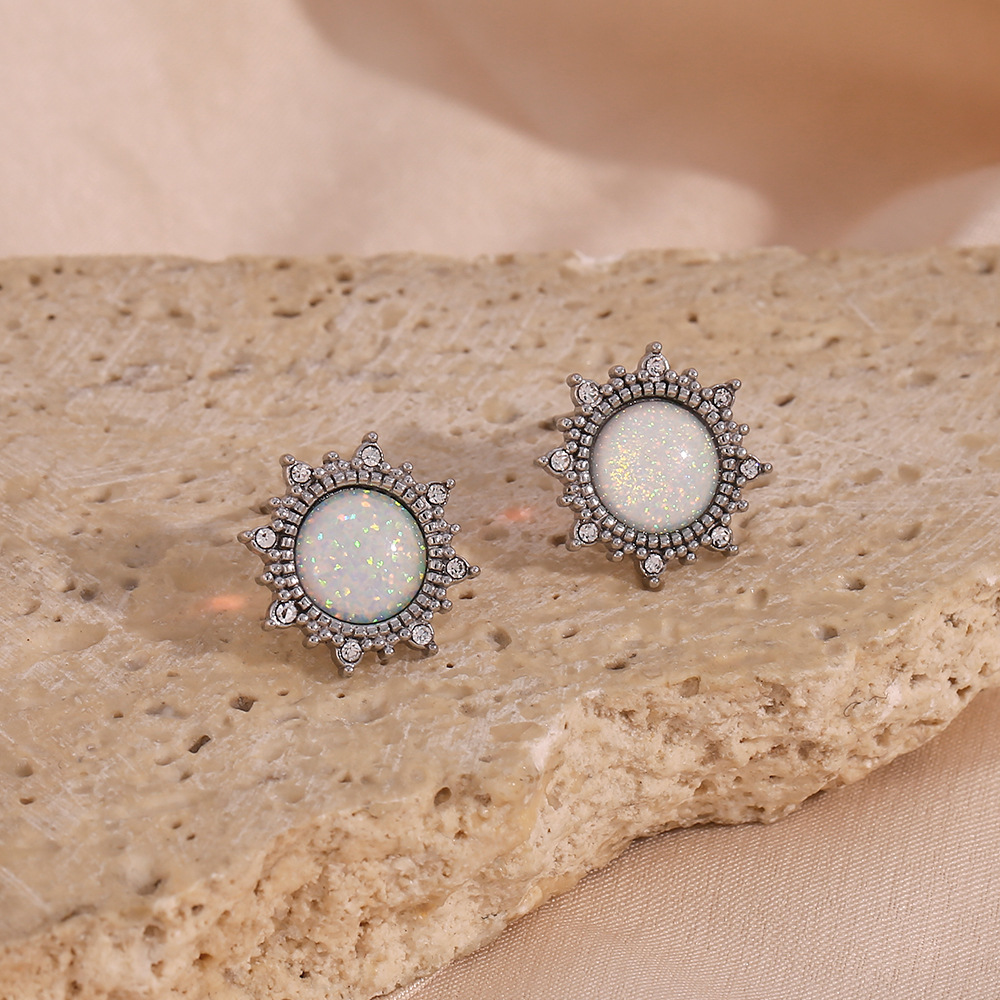 Zircon Inlaid Sun Stainless Steel Earrings