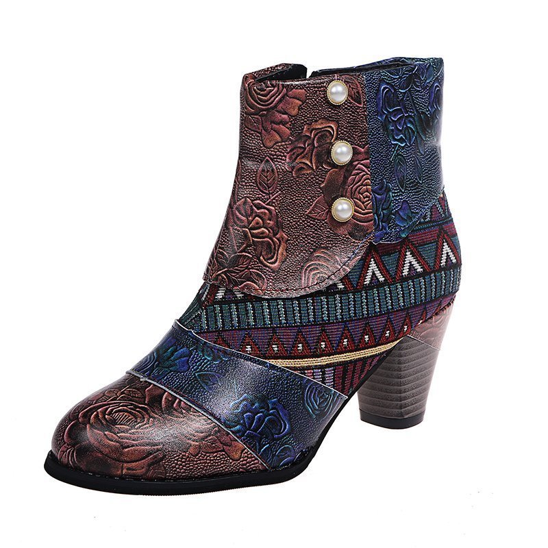 Bottes courtes ShoeVault Cross-Border grandes tailles pour femmes, collection hiver 2021, style ethnique patchwork, bottines Martin à boutons et talons épais._voghion.com