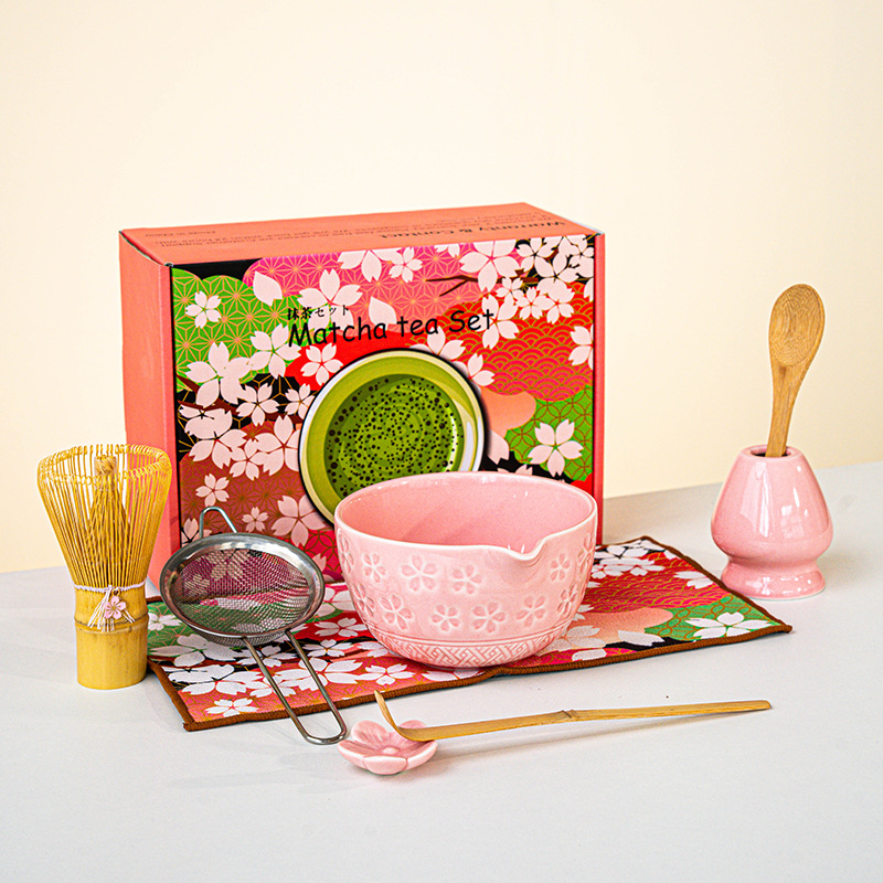 FJT 사쿠라 와이드 입 그릇 핑크 8종 세트(사쿠라 박스 그린 패턴)