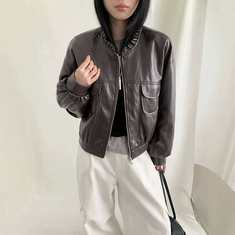 Short leather jacket for women, Korean style, petite size, versatile, no-wash, with lace collar, loose and casual, women's PU leather jacket Short leather jacket for women, Korean style, petite size, versatile, no-wash, with lace collar, loose and casual, women's PU leather jacket