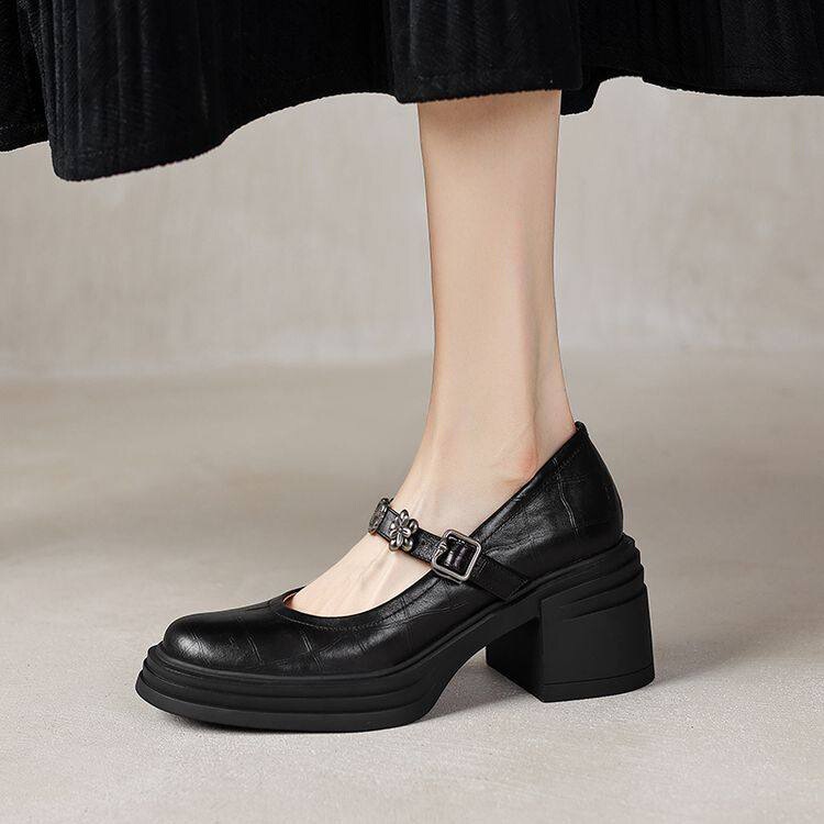 Retro Round-Toe Single-Strap High-Heeled Shoes for Women 2025 Spring New Thick-Soled Chunky Heel Mary Jane French-Style Leather Shoes Retro Round-Toe Single-Strap High-Heeled Shoes for Women 2025 Spring New Thick-Soled Chunky Heel Mary Jane French-Style Leather Shoes