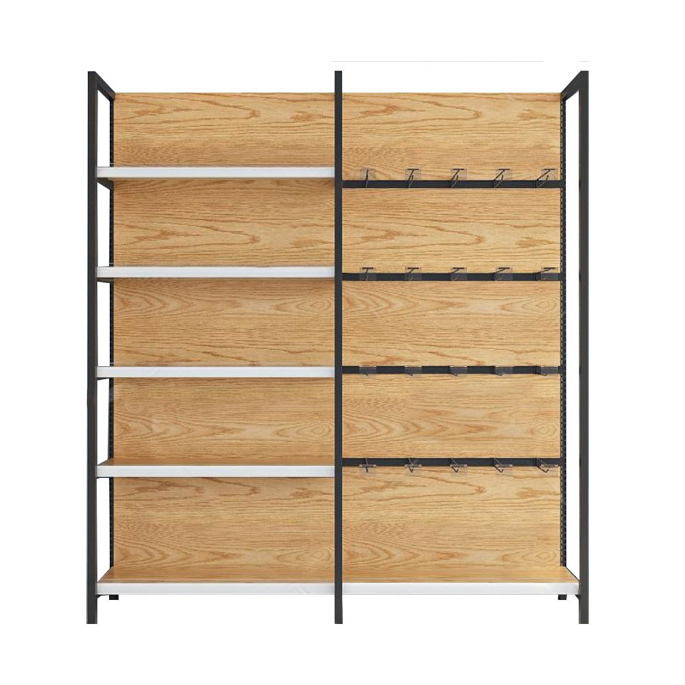 Estanterías de supermercado, reforzadas, descuento de fabricante al por mayor, estanterías de almacenamiento de cuatro columnas con acabado de madera, estanterías para tiendas de conveniencia, estanterías para aperitivos y artículos de papelería, vitrinas. image 6