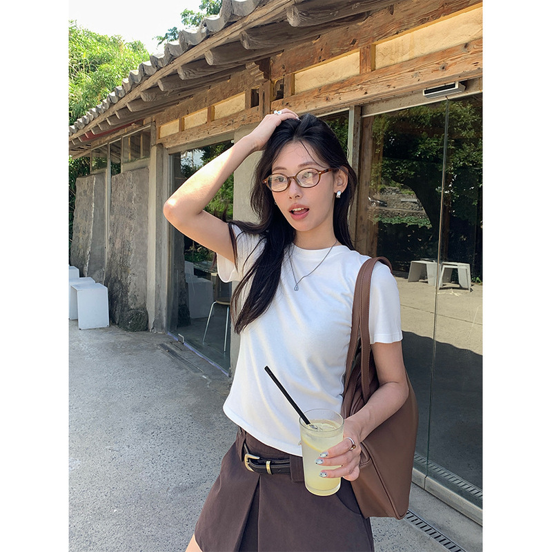 Guangzhou Huang Zheng Basic 7-Color Brushed Round-Neck Short-Sleeve T-Shirt for Women, Early Autumn Versatile Comfortable Regular Shoulder Top 530760