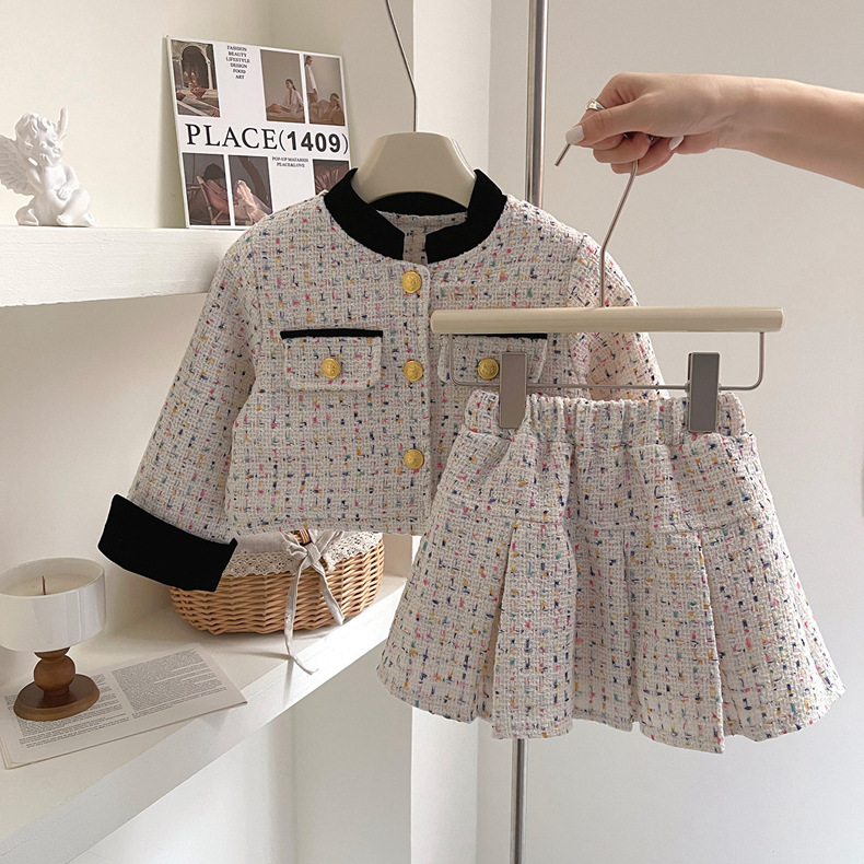 2023 Winter New Girl's Small Fragrance with Cotton Knitted Coat Baby Hundred Pleated Short Skirt Set of Two_voghion.com