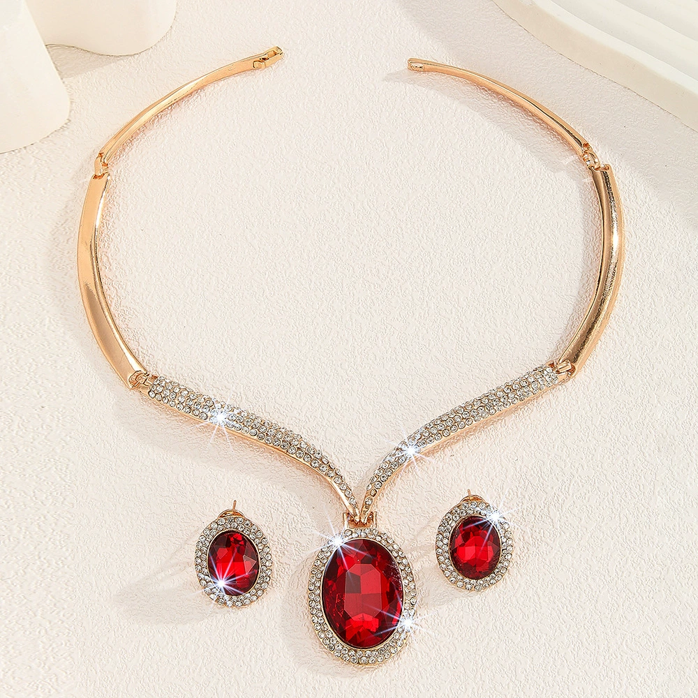 Golden metal white stone inlay, red crystal necklace, necklace and earrings, set, accessory, European style