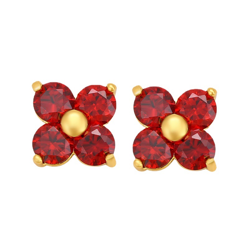Xuping joyería de cuatro hojas gemas flores rojas pernos de orejas para mujeres coreanas pequeñas frescas de arroz dulce joyería de orejas compacta al por mayor