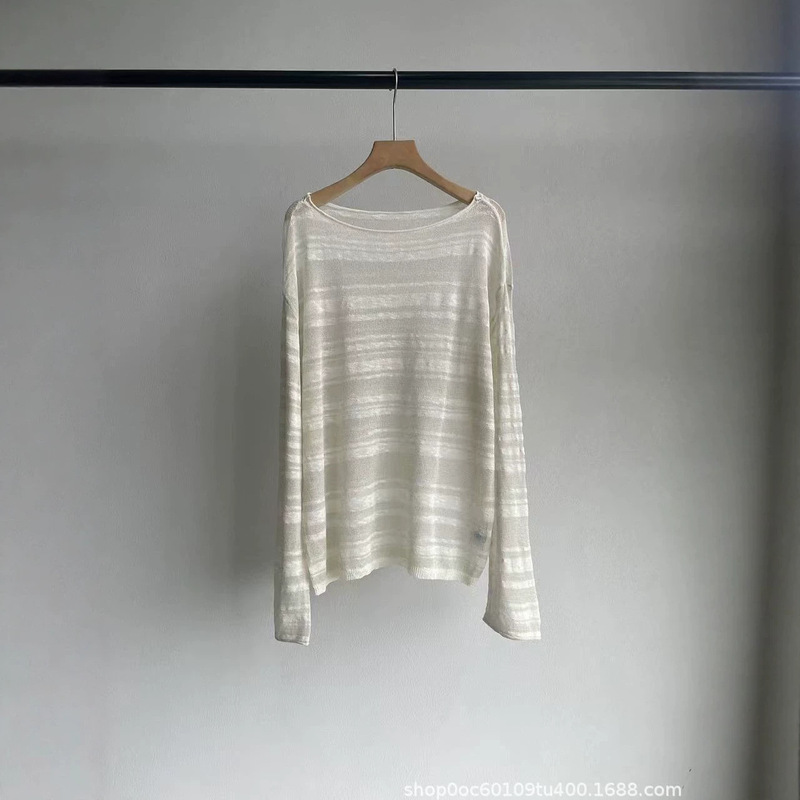 Tencel Wool Fine Shimmer Sheer Long-Sleeve Blouse 26 Summer Transparent Striped High-Texture Sun Protection Shirt T-Shirt for Women