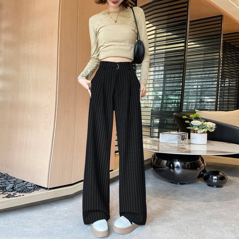设计感条纹西装阔腿裤女秋季垂感宽松直筒裤小个子窄版拖地休闲裤|undefined
