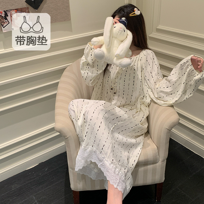 公主风睡裙女带胸垫春秋季甜美宽松云朵棉大码睡衣裙家居服可外穿|undefined