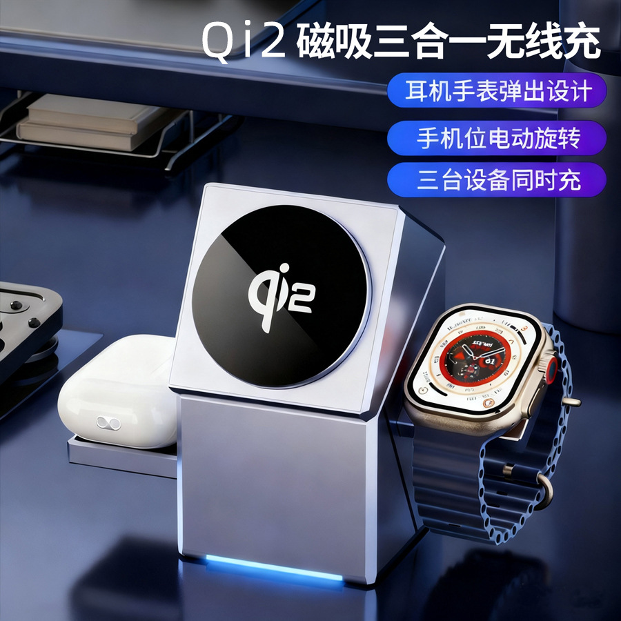 Qi2 Rotating Three-In-One Wireless Charger Fast Charging Magnetic Charging Base Suitable for Apple Watch Wireless Charging
