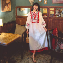 云南西藏春季旅行度假民族风重工刺绣系带收腰宽松棉麻三色连衣裙