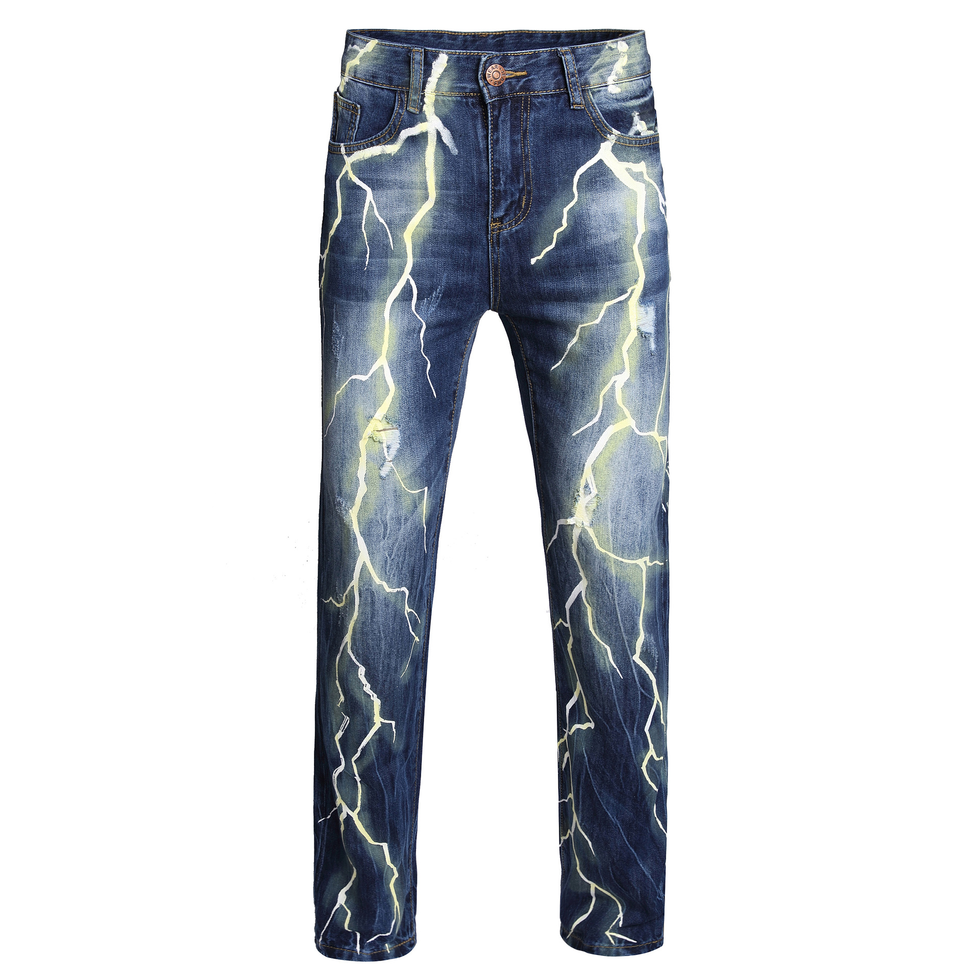 Men's Personalized Lightning Ripped Jeans With American Print_voghion.com
