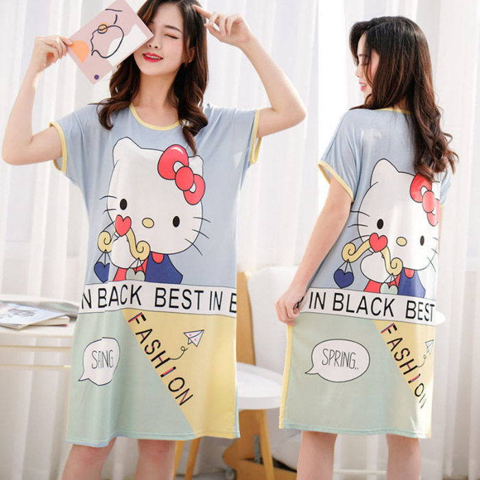 Camisón de las mujeres del verano Delgado manga corta nueva línea rojo estilo pijamas dibujos animados lindo señoras vestido flojo desgaste hogar