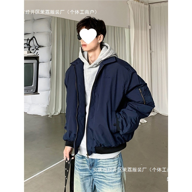 藏青色飞行员夹克棉服男款痞帅风外套美式复古高街潮牌棒球服