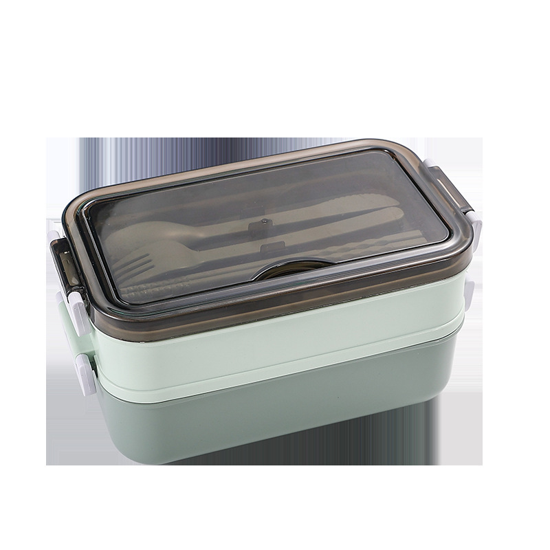 Caja de almuerzo de doble capa, caja de almuerzo de estudiantes japoneses con cubiertos, caja de almuerzo de plástico, caja de almuerzo de microondas, personal de oficina sellado