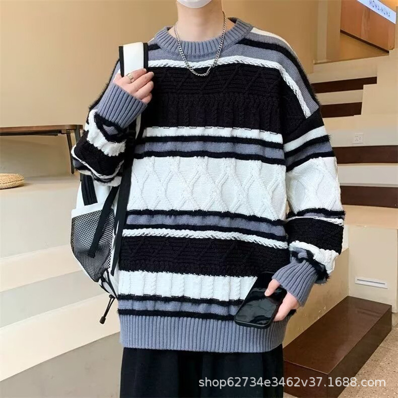 国潮美式圆领毛衣男奶茶款2024秋冬季慵懒风宽松针织衫上衣女保暖|undefined