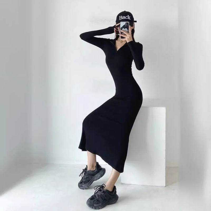 High collar long sleeve zipper hip fishtail dress European and American style retro sexy hot girl slim fit slim dress