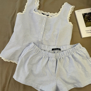 Ins Stripesd Lace Collar Vest Pajamas for Girls 2025 Summer New Large Size Suspender Shorts Home Wear Set