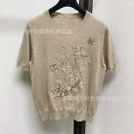 高版本法式植物花卉刺绣短袖T恤女款夏季圆领针织上衣薄款